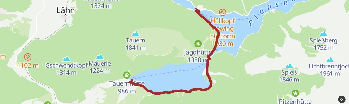 Route map: Wandertour am Plansee und Heiterwanger See